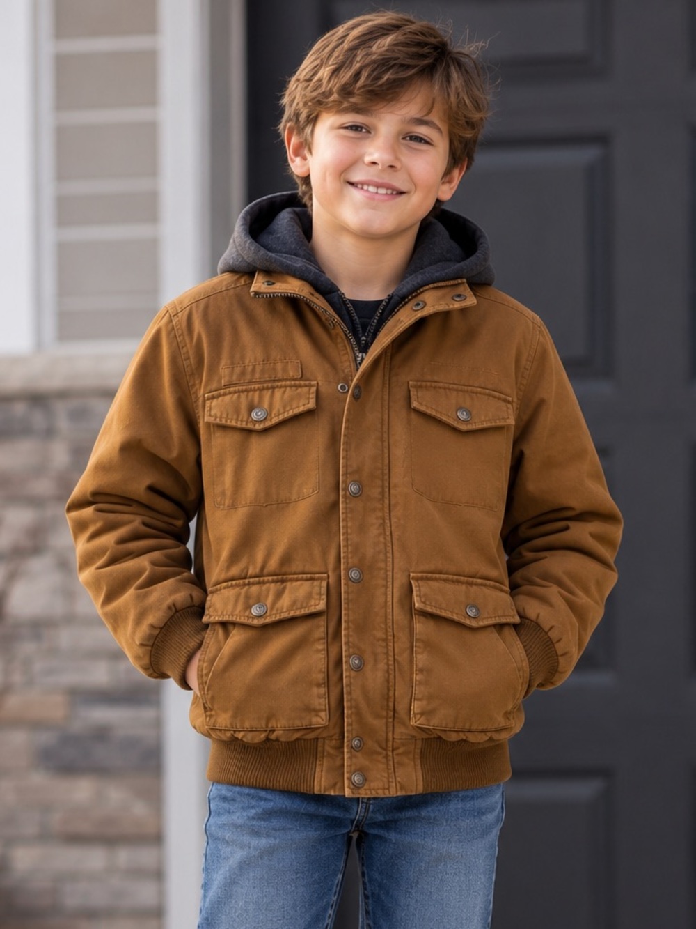 Amnesia Outerwear Brown Canvas Hooded Jacket – Boys M (10–12) – Quilted Lining